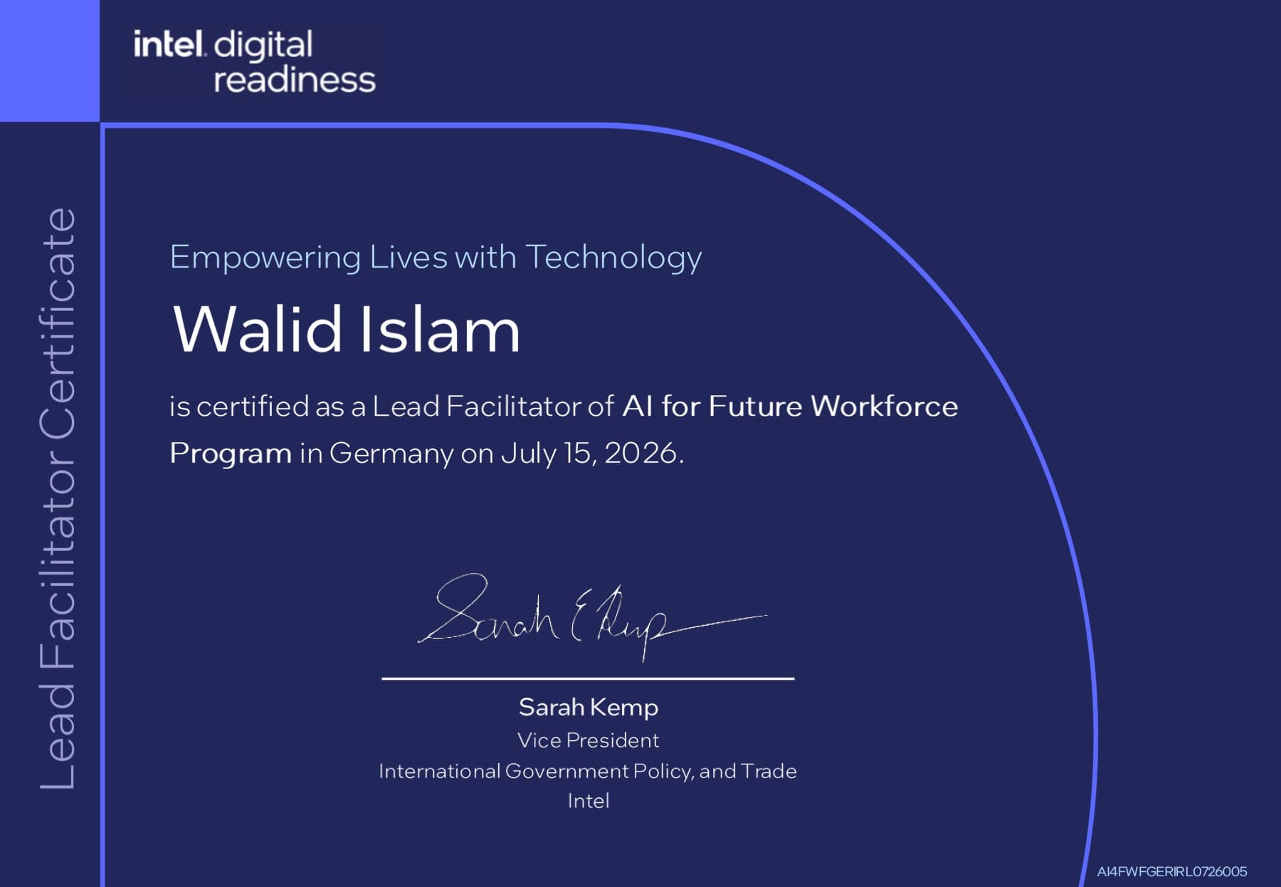 Intel Digital Readiness Lead Facilitator Zertifikat für Walid Islam, AI for Future Workforce Program, Deutschland, 15. Juli 2026